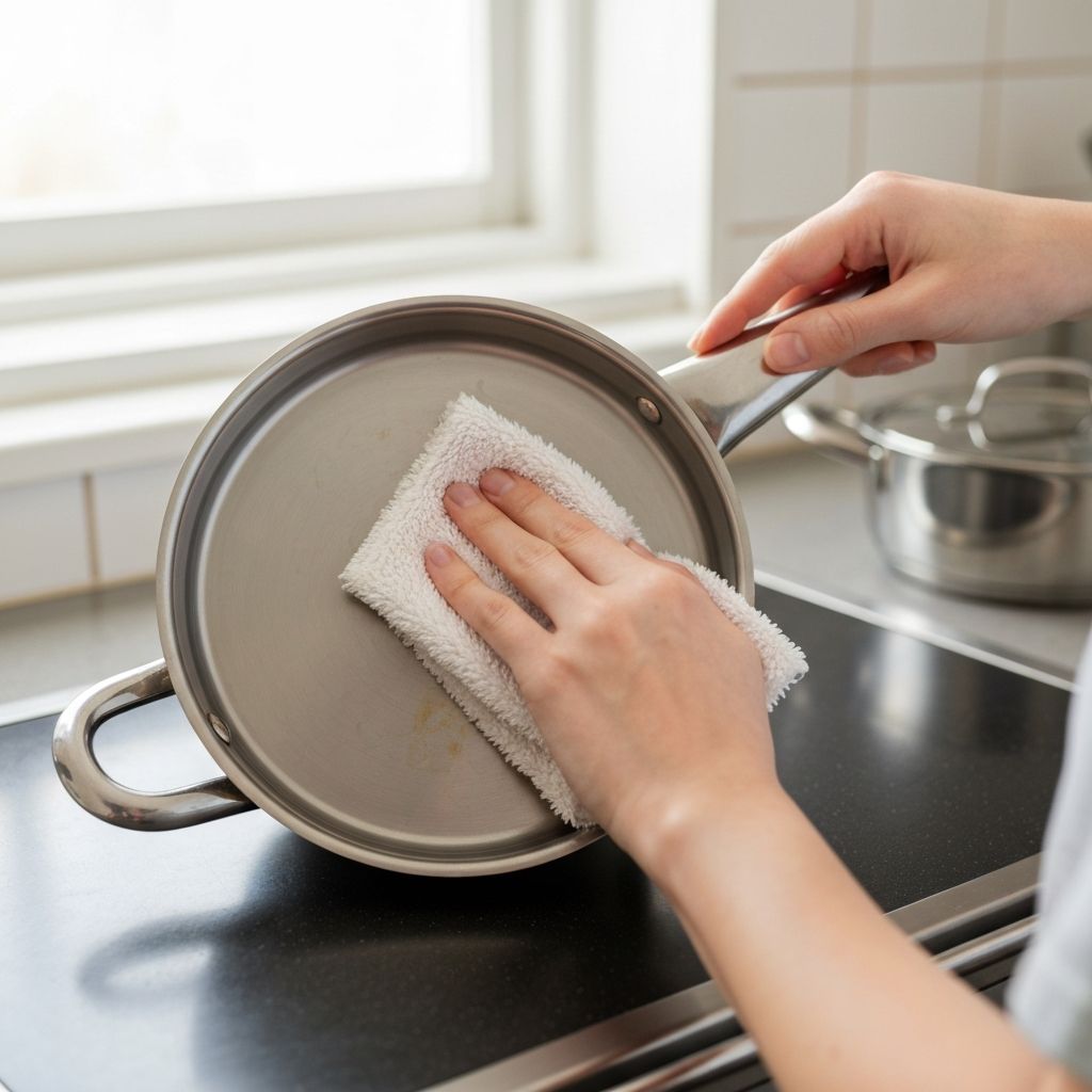 Cleaning stainless steel cookware to remove heat tint and maintain shine