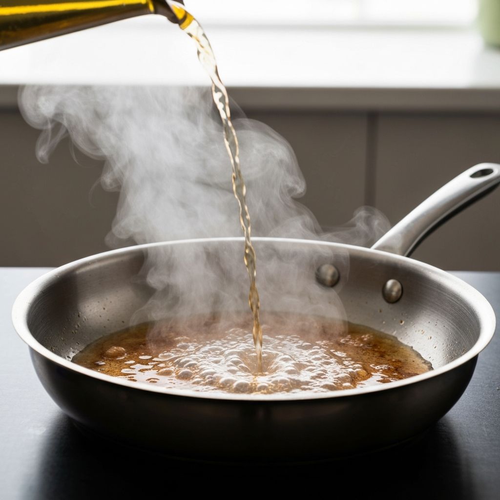 Deglazing stainless steel pan to create a pan sauce from fond
