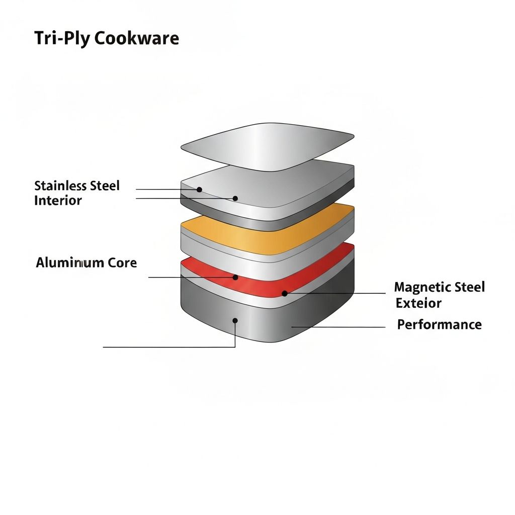 Tri-ply cookware construction diagram showing three metal layers