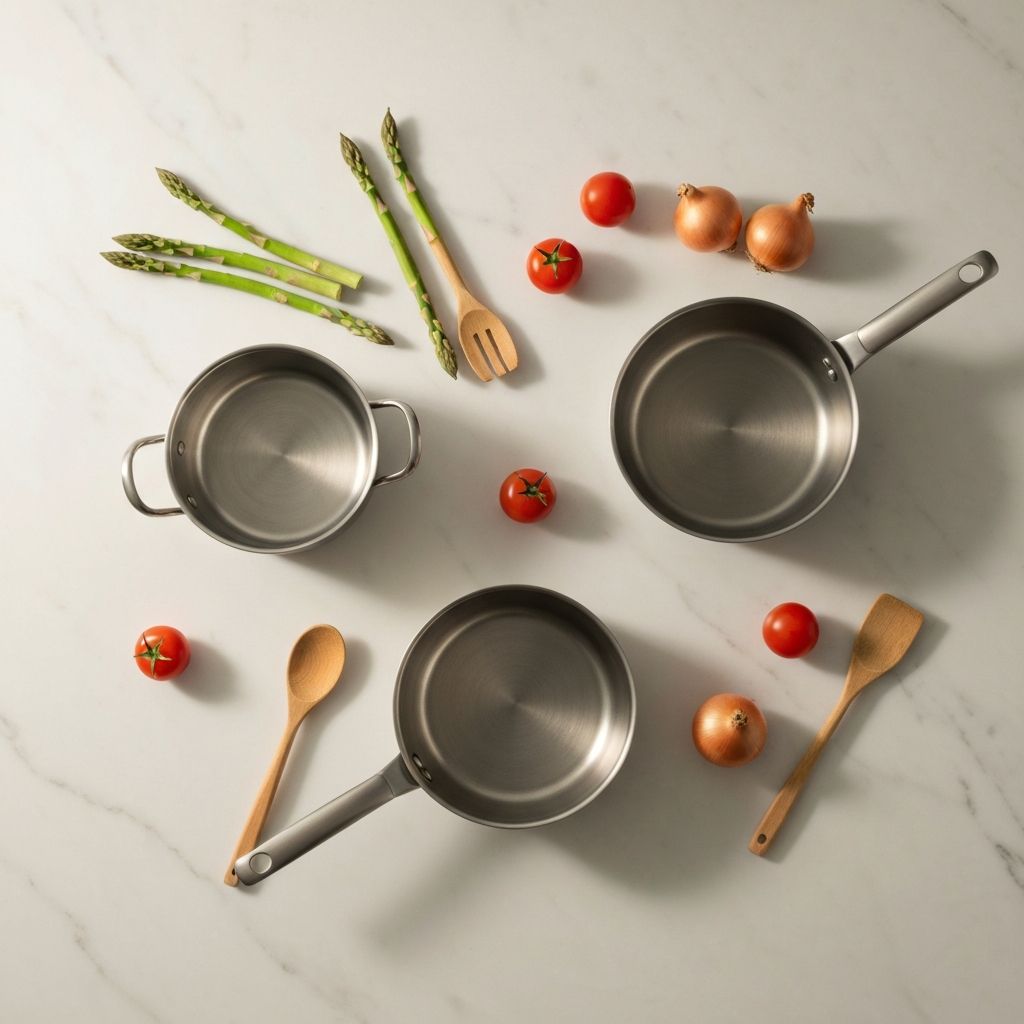 Essential Goldilocks cookware pieces arranged minimally